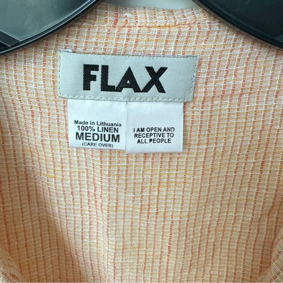 FLAX Linen Shirt Medium Womens Short Sleeve Boxy Oversize Button Up Orange Boho - Picture 2 of 5